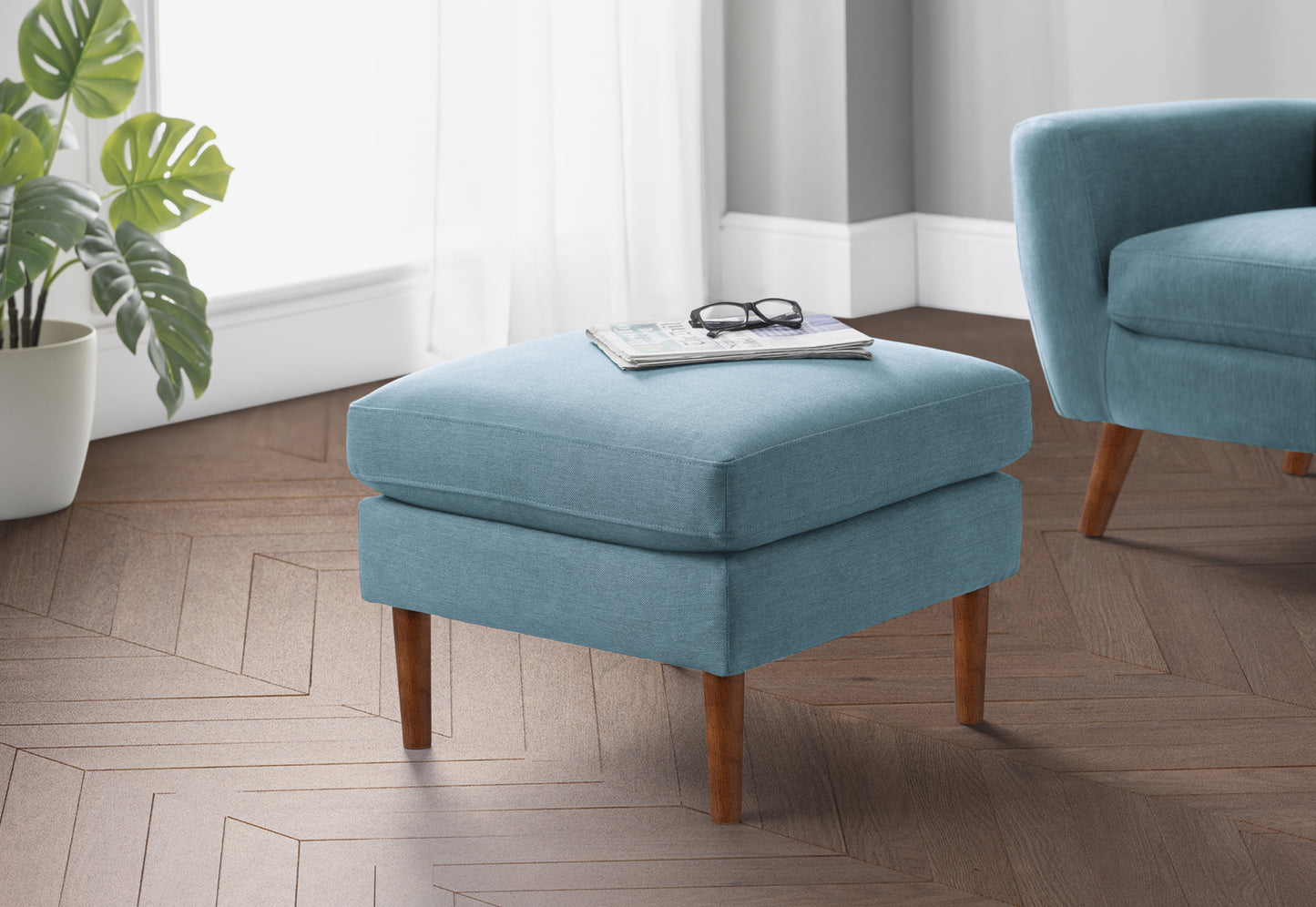 Blue Linen Retro Ottoman